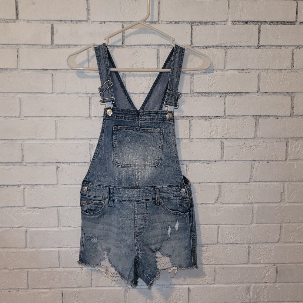 No Boundaries" Distressed Denim Shortalls with Lace Detail - Size Small (3-5)